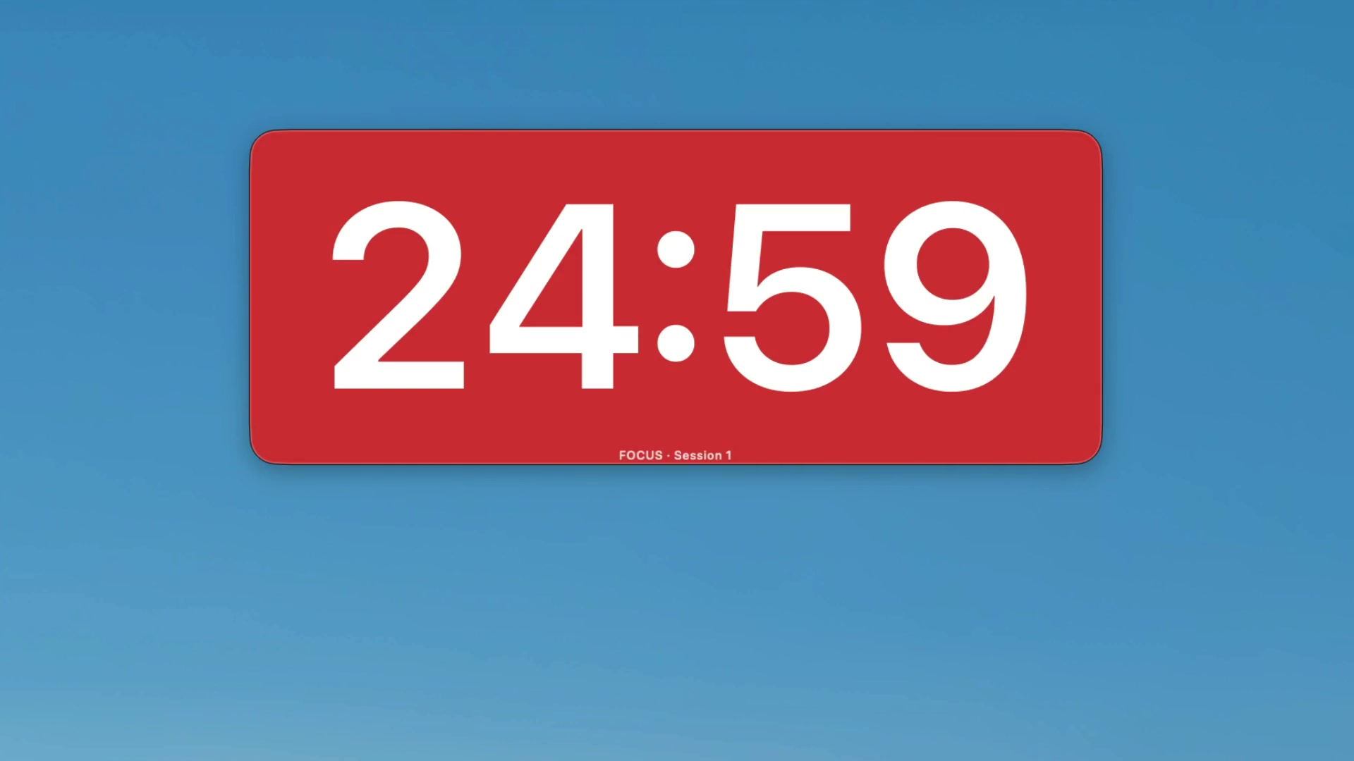 Pomodoro mode counting down from 25 minutes with the FOCUS Session 1 label.