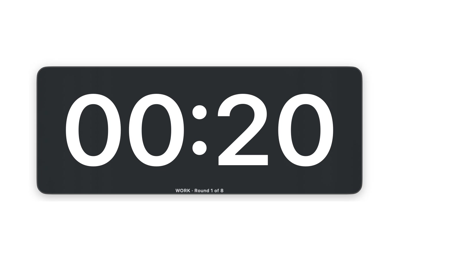 Tabata mode showing a 20 second work interval, round 1 of 8.