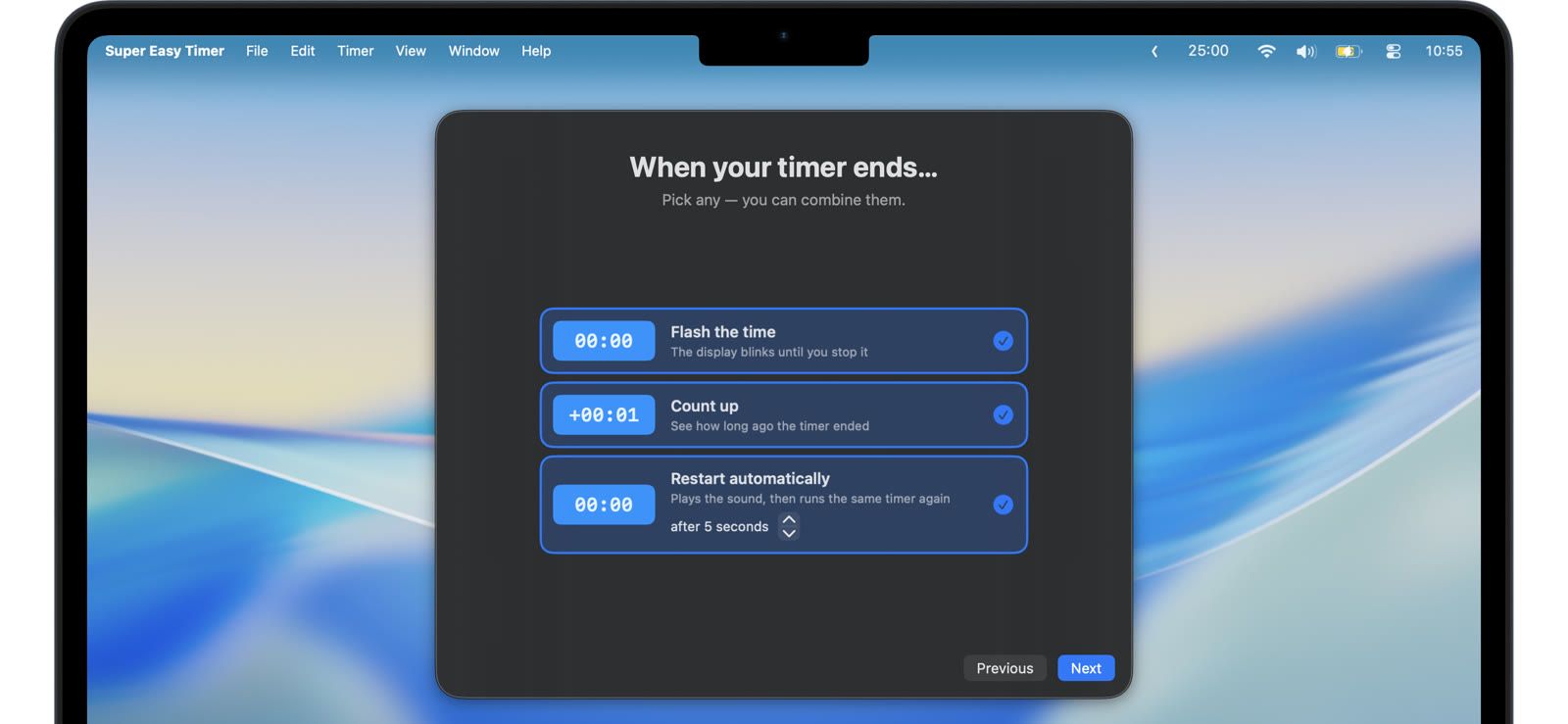 End-of-timer options including restart automatically with a delay.
