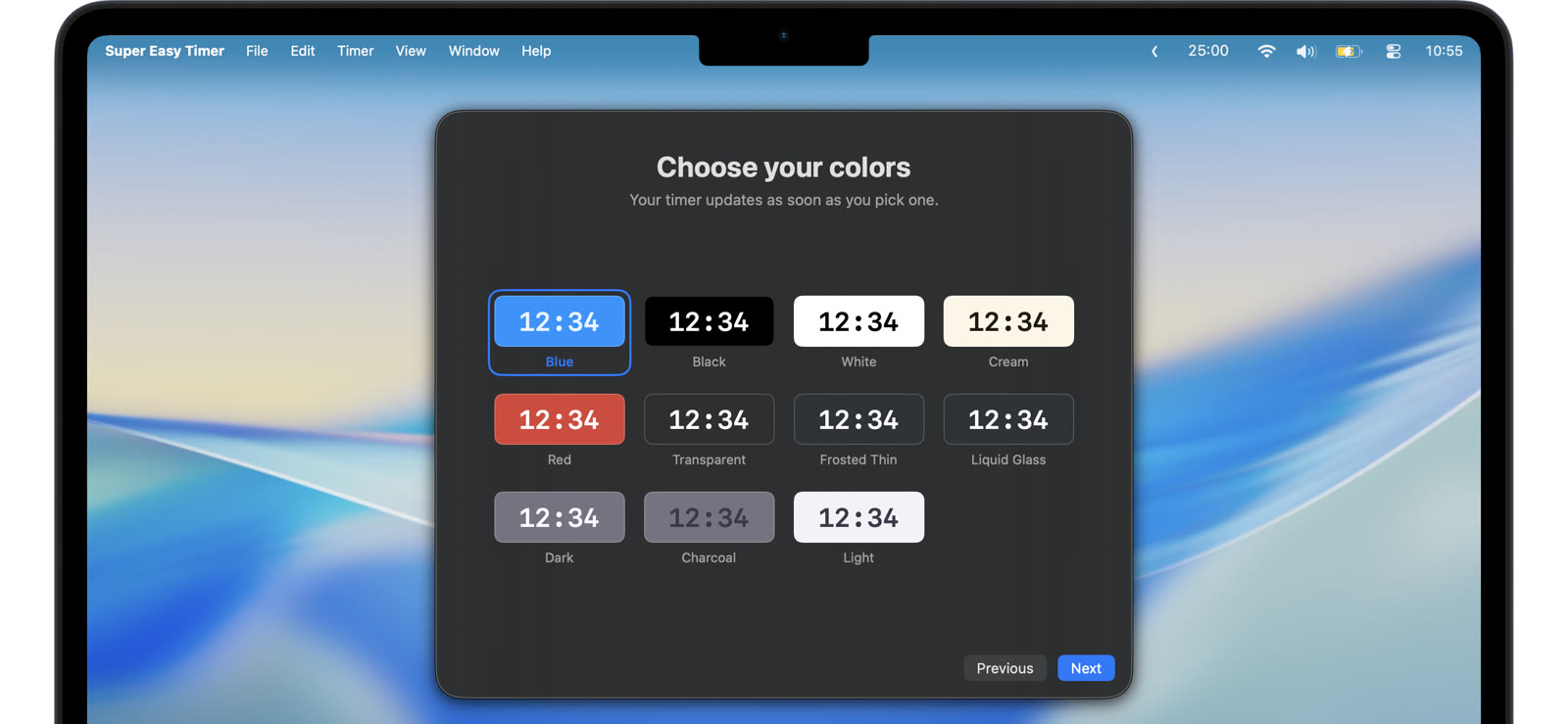 The Super Easy Timer theme picker with transparent, frosted, and Liquid Glass options.